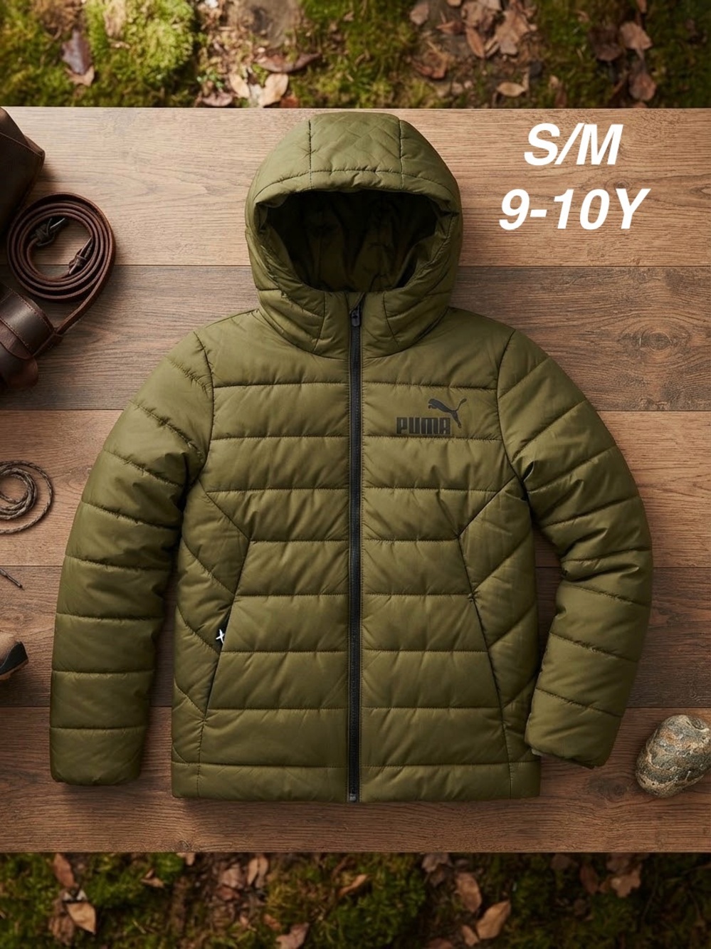 NWT Puma Kids Olive Green Hooded Quilted Puffer Jacket